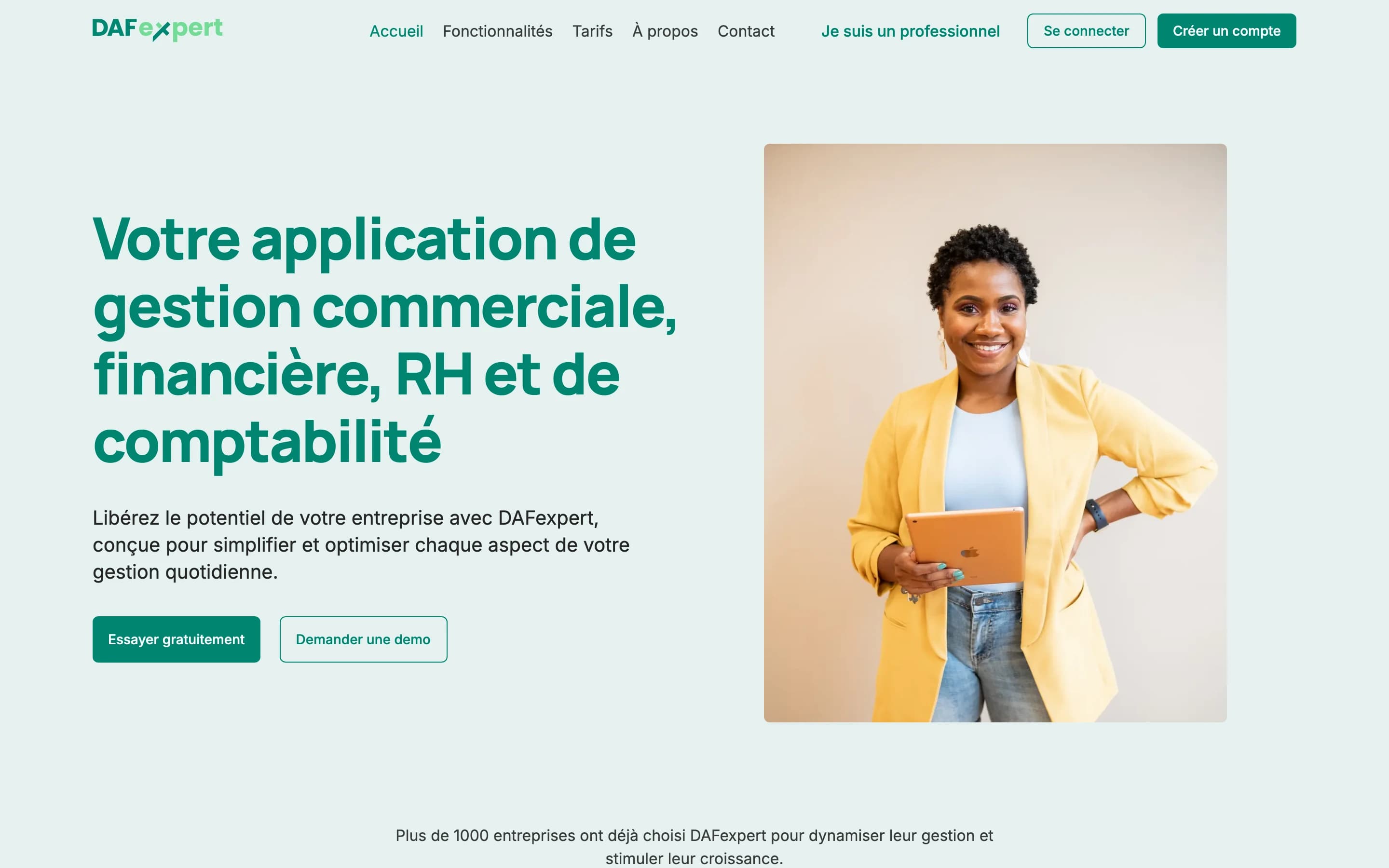 Page d'accueil de DAFexpert : l'application de gestion commerciale, financière, RH et comptable